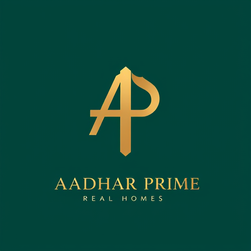 Professional logo design. "Geometric AP monogram logo, built using architectural floorplan lines and right-angled geometry. Minimal, symmetrical, luxury feel. Engraved gold symbol on dark emerald background, ivory accents. Wordmark 'AADHAR PRIME' below in luxury serif, clean sans-serif subline 'Real Homes'. Flat vector, no gradients, premium global real estate branding aesthetic."