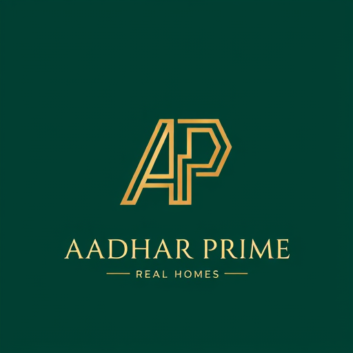 Professional logo design. "Geometric AP monogram logo, built using architectural floorplan lines and right-angled geometry. Minimal, symmetrical, luxury feel. Engraved gold symbol on dark emerald background, ivory accents. Wordmark 'AADHAR PRIME' below in luxury serif, clean sans-serif subline 'Real Homes'. Flat vector, no gradients, premium global real estate branding aesthetic."