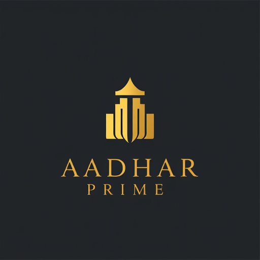 Professional logo design. "Minimal luxury logo for Aadhar Prime. An abstract foundation block at the base, rising into a refined crown-shaped top symbolizing premium living. Elegant gold emblem on deep charcoal background, simple geometric form, no clutter. Serif wordmark 'AADHAR PRIME' in uppercase, paired with Montserrat subline 'Real Homes'. Timeless luxury branding aesthetic, vector format."