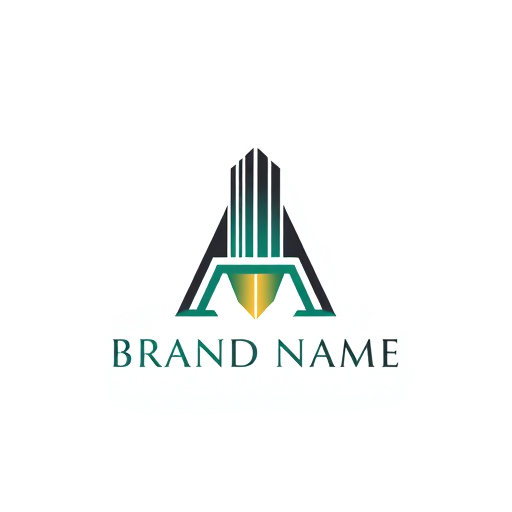 Professional logo design. Minimalist logo for a premium real estate company named "Brand Name": An abstract letter A constructed from clean architectural lines, embodying a stable foundation and a refined tower apex, utilizing balanced geometry and negative-space construction lines. Charcoal, emerald, and a gold accent. SVG style, grid/ratio harmony, luxury simplicity.