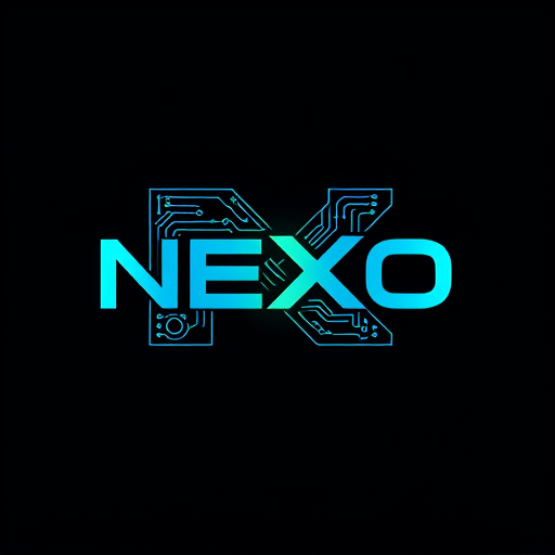 Professional logo design. Letterform logo for a software and technology company named "NEXO": Abstract integration of circuit board patterns and a digital grid within a sleek, stylized "N" or encompassing the full name, Electric blue, neon green, and dark background for high contrast. Sleek, modern sans-serif with futuristic curves. Clean, bold, and instantly recognizable as a software/tech brand, vector style, transparent background.