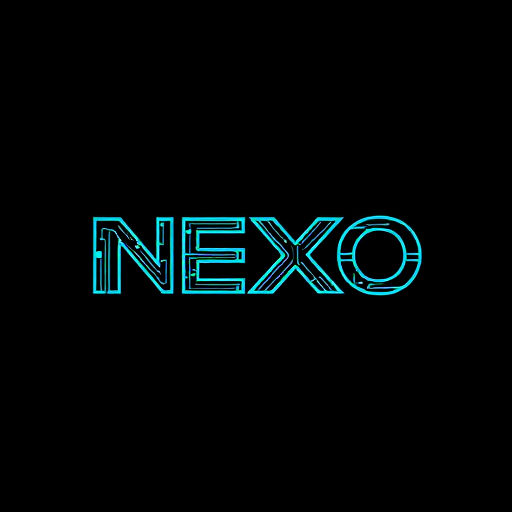 Professional logo design. Letterform logo for a software and technology company named "NEXO": Abstract integration of circuit board patterns and a digital grid within a sleek, stylized "N" or encompassing the full name, Electric blue, neon green, and dark background for high contrast. Sleek, modern sans-serif with futuristic curves. Clean, bold, and instantly recognizable as a software/tech brand, vector style, transparent background.