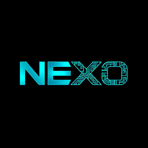 Professional logo design. Letterform logo for a software and technology company named "NEXO": Abstract integration of circuit board patterns and a digital grid within a sleek, stylized "N" or encompassing the full name, Electric blue, neon green, and dark background for high contrast. Sleek, modern sans-serif with futuristic curves. Clean, bold, and instantly recognizable as a software/tech brand, vector style, transparent background.