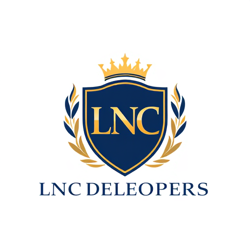 Professional logo design. A premium logo for LNC Developers, designed as a royal crest with bold ‘LNC’ initials inside a shield emblem, topped with a crown-like skyline. Golden and navy blue vector design, luxury branding, highly attractive and timeless.