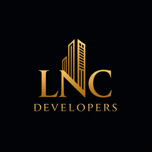 Professional logo design. A luxury logo for LNC Developers, combining the initials ‘LNC’ with a tall skyscraper icon symbolizing real estate development. Elegant golden and black color scheme, premium and bold design, minimal vector style, perfect for corporate branding.