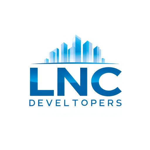 Professional logo design. An innovative logo for LNC Developers, where the letters ‘LNC’ form the base and a crystal-like transparent skyline rises above it. Modern glass effect buildings, professional typography, vector illustration, blue and grey tones, sleek and attractive.