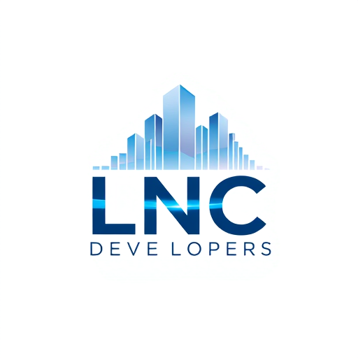 Professional logo design. An innovative logo for LNC Developers, where the letters ‘LNC’ form the base and a crystal-like transparent skyline rises above it. Modern glass effect buildings, professional typography, vector illustration, blue and grey tones, sleek and attractive.