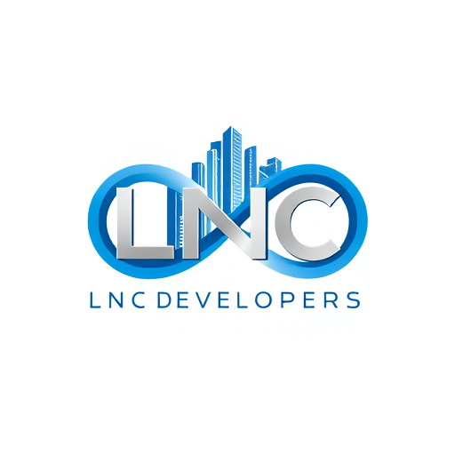 Professional logo design. A creative logo for LNC Developers, merging the letters ‘LNC’ into the shape of an infinity loop that transforms into high-rise buildings. Symbol of growth, trust, and long-term vision. Vector design, blue and silver color scheme, futuristic and unique.