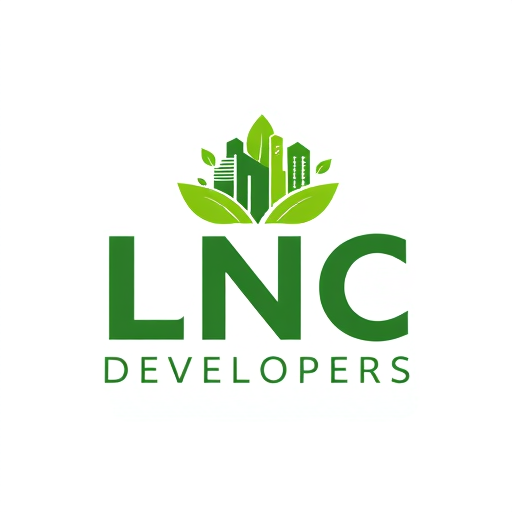 Professional logo design. A unique logo for LNC Developers, combining bold initials ‘LNC’ with a modern skyline growing from green leaves. Symbol of eco-friendly real estate development. Clean, professional, and attractive design, green and white color scheme.