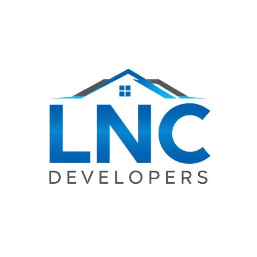 Professional logo design. A modern and professional logo for LNC Developers, a real estate and construction company. The logo should highlight the text LNC in bold, creative typography with smooth connected letters. Above the text, include a minimalistic house/roof or building silhouette to represent real estate and construction. Use a clean and corporate style with blue, dark gray, and white colors. The design should look premium, trustworthy, and iconic, suitable for a real estate brand.