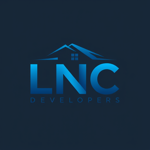 Professional logo design. A modern and professional logo for LNC Developers, a real estate and construction company. The logo should highlight the text LNC in bold, creative typography with smooth connected letters. Above the text, include a minimalistic house/roof or building silhouette to represent real estate and construction. Use a clean and corporate style with blue, dark gray, and white colors. The design should look premium, trustworthy, and iconic, suitable for a real estate brand.
