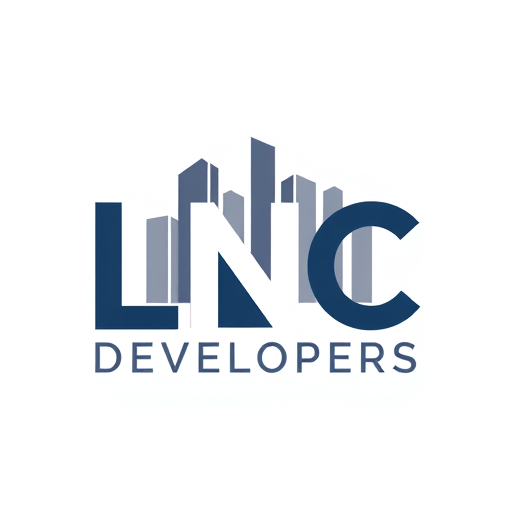 Professional logo design. A modern vector logo for LNC Developers, featuring bold initials ‘LNC’ integrated with an abstract skyline of tall buildings. Clean and professional design, corporate style, dark blue and grey color scheme, minimalistic, scalable for digital and print branding.