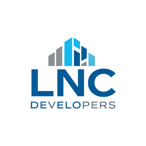 Professional logo design. A modern geometric logo for LNC Developers, using abstract square and rectangular blocks arranged like a building structure. Bold ‘LNC’ typography with ‘Developers’ written below. Professional, clean, blue and grey corporate theme, vector design.