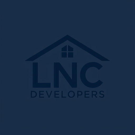 Professional logo design. A professional and creative roof-style logo for LNC Developers. The initials ‘LNC’ should themselves form the design: L shaped like a pillar, N with a house roof integrated on top, and C containing a window inside. Modern, minimal, and clean vector logo. Dark blue and grey color scheme, professional typography, elegant and eye-catching.