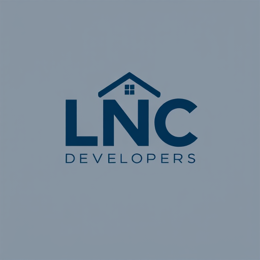 Professional logo design. A modern and creative logo for LNC Developers. The text ‘LNC’ itself should contain design elements: L shaped like a strong building pillar, N integrated with a house roof on top, and C containing a small window inside. Professional vector logo, minimal and attractive, dark blue and grey corporate theme.