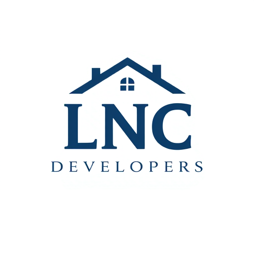 Professional logo design. A professional real estate logo for LNC Developers. Bold letters ‘LNC’ written in modern font, with a clean and elegant house roof placed above the text. The roof should include a small chimney and window to symbolize home. Developers written below in a sleek sans-serif font. Vector style, minimal and attractive, dark blue and grey color scheme.