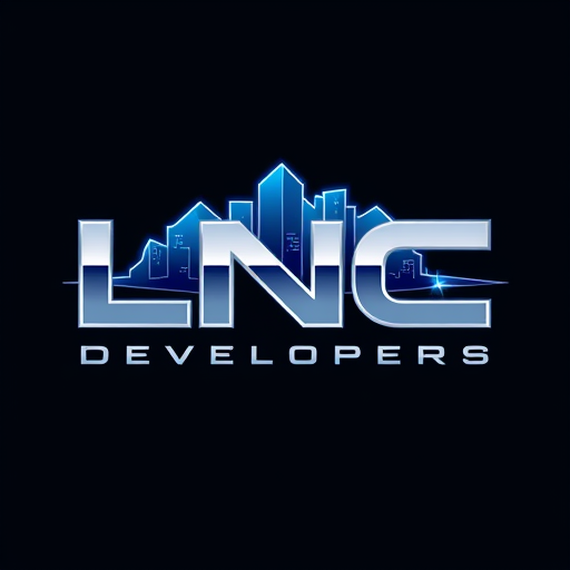 Professional logo design. A futuristic logo for LNC Developers, with the letters ‘LNC’ designed in a 3D metallic style, integrated into a high-tech skyline. Silver and dark blue tones, glowing edges, professional and striking vector design.