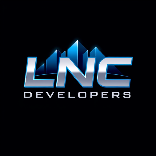 Professional logo design. A futuristic logo for LNC Developers, with the letters ‘LNC’ designed in a 3D metallic style, integrated into a high-tech skyline. Silver and dark blue tones, glowing edges, professional and striking vector design.