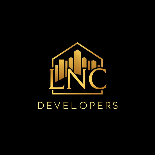 Professional logo design. An elegant and modern logo for LNC Developers, featuring the initials ‘LNC’ inside a golden abstract geometric frame resembling a skyline. Premium black background with golden gradient, luxury vector design, minimal yet powerful corporate identity.