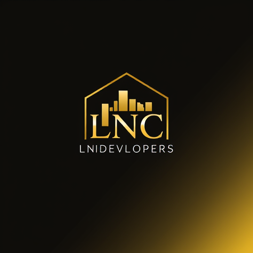 Professional logo design. An elegant and modern logo for LNC Developers, featuring the initials ‘LNC’ inside a golden abstract geometric frame resembling a skyline. Premium black background with golden gradient, luxury vector design, minimal yet powerful corporate identity.