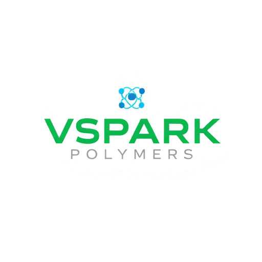Professional logo design. Design a modern and minimalistic logo for a company named VSPARK POLYMERS. The logo should feature a molecule or atomic structure icon with connected circles and lines, symbolizing science, chemistry, and innovation. Use a clean vector style with green and blue colors. The company name 'VSPARK POLYMERS' should be in bold uppercase green font, with a tagline placeholder below in smaller gray text. The overall look should be professional, sleek, and technology-inspired