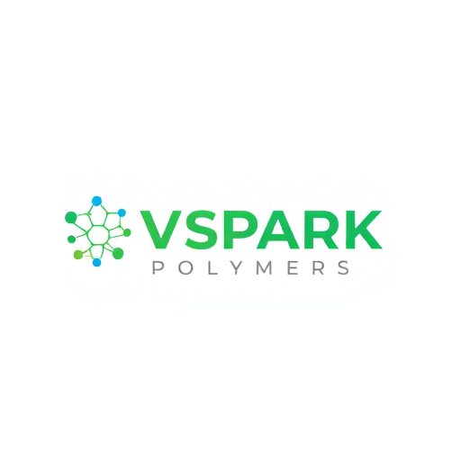 Professional logo design. Design a modern and minimalistic logo for a company named VSPARK POLYMERS. The logo should feature a molecule or atomic structure icon with connected circles and lines, symbolizing science, chemistry, and innovation. Use a clean vector style with green and blue colors. The company name 'VSPARK POLYMERS' should be in bold uppercase green font, with a tagline placeholder below in smaller gray text. The overall look should be professional, sleek, and technology-inspired