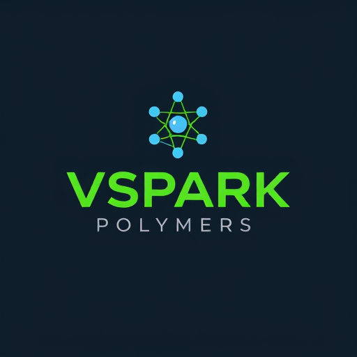 Professional logo design. Design a modern and minimalistic logo for a company named VSPARK POLYMERS. The logo should feature a molecule or atomic structure icon with connected circles and lines, symbolizing science, chemistry, and innovation. Use a clean vector style with green and blue colors. The company name 'VSPARK POLYMERS' should be in bold uppercase green font, with a tagline placeholder below in smaller gray text. The overall look should be professional, sleek, and technology-inspired