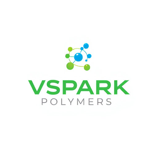 Professional logo design. Design a modern and minimalistic logo for a company named VSPARK POLYMERS. The logo should feature a molecule or atomic structure icon with connected circles and lines, symbolizing science, chemistry, and innovation. Use a clean vector style with green and blue colors. The company name 'VSPARK POLYMERS' should be in bold uppercase green font, with a tagline placeholder below in smaller gray text. The overall look should be professional, sleek, and technology-inspired PROFESSIONAL AUR UNIQUE