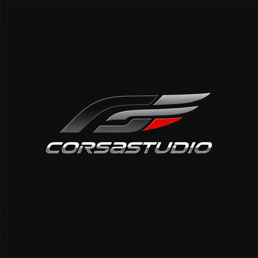 Professional logo design. Emblem for a high-fashion streetwear clothing brand inspired by Formula 1 racing named "CorsaStudio": Dynamic lines and aerodynamic shapes, evoking speed and precision. A dark, sophisticated color palette of obsidian black, deep charcoal gray, and metallic silver with subtle crimson accents. Bold, angular typography, reminiscent of F1 car livery. Design a logo that merges abstract automotive design elements with a classic emblem structure, using sharp edges and a sense of forward momentum. Employ a high-contrast visual execution with a metallic sheen effect. Use a solid, dark background.