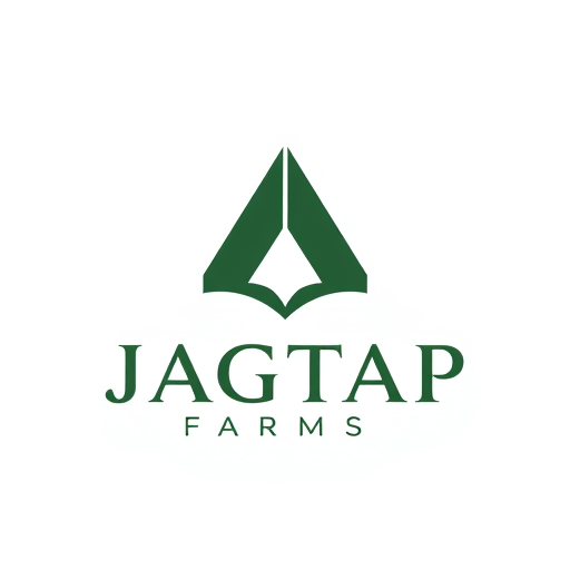 Professional logo design. "A professional logo for 'Jagtap Farms' featuring a sharp, abstract triangular or arrow-like symbol that conveys forward-thinking and innovation. Pair it with minimalist, serif typography for the brand name to balance modernity with heritage. Use intentional negative space and a restrained color palette like deep green and black for a premium presence."
