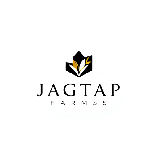 Professional logo design. "A minimalist luxury logo for 'Jagtap Farms' featuring a geometric abstract icon inspired by growth and progress. The typography is modern and refined, with balanced spacing. The icon should use clean lines and subtle negative space to symbolize innovation, while the restrained black-and-gold palette gives the brand a premium feel. The design must remain scalable for both packaging and large displays."