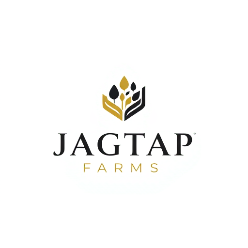 Professional logo design. "A minimalist luxury logo for 'Jagtap Farms' featuring a geometric abstract icon inspired by growth and progress. The typography is modern and refined, with balanced spacing. The icon should use clean lines and subtle negative space to symbolize innovation, while the restrained black-and-gold palette gives the brand a premium feel. The design must remain scalable for both packaging and large displays."