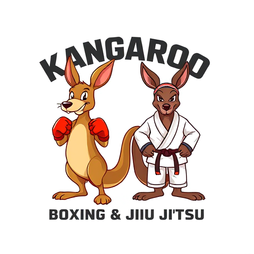 Professional logo design. "Create a clean, professional logo featuring two cartoon-style kangaroos. One kangaroo should be wearing red boxing gloves, standing in a boxing stance. The other kangaroo should be wearing a white jiu-jitsu gi with a black belt, standing in a grappling stance. Both kangaroos should have determined and focused facial expressions, but not look angry. Remove any headbands from their heads. Place bold, modern, professional typography above the characters with the word 'KANGAROO' in all caps. Below the kangaroos, add 'BOXING & JIU JITSU' in a strong, clean font. The overall design should look modern, minimal, and suitable for a professional martial arts academy logo."