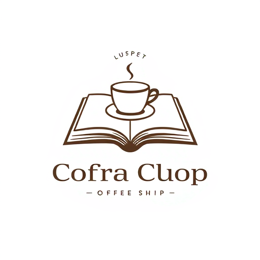 Professional logo design. Modern minimalist logo design for a coffee shop. The logo should feature a book, and on the cover of the book there is a simple drawing of a coffee cup. The design must be flat, clean, and contemporary, with simple lines and minimal details, making it easy to recognize, print, and scale. Use a light, modern, and elegant style, avoiding complexity. Color palette: monochrome or neutral tones (black, white, warm beige, or deep brown). The logo should feel cozy, intellectual, and stylish, symbolizing both literature and coffee culture