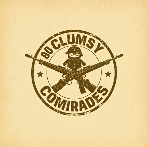 Professional logo design. Emblem for a war-inspired shooting game named "ClumsyComrades": A distressed, circular emblem featuring a stylized, slightly comical soldier silhouette mid-stumble, surrounded by crossed, cartoonish rifles. A muted, desaturated color palette of olive drab, dusty brown, and a hint of faded red. Bold, stencil-like typography for the game title. Design a gritty, slightly humorous war aesthetic, with visible textures and a worn, battle-scarred visual execution. Background type: a textured, parchment-like surface.