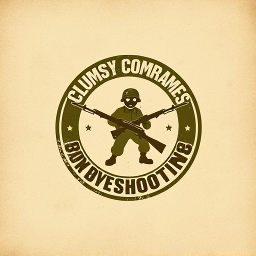Professional logo design. Emblem for a war-inspired shooting game named "ClumsyComrades": A distressed, circular emblem featuring a stylized, slightly comical soldier silhouette mid-stumble, surrounded by crossed, cartoonish rifles. A muted, desaturated color palette of olive drab, dusty brown, and a hint of faded red. Bold, stencil-like typography for the game title. Design a gritty, slightly humorous war aesthetic, with visible textures and a worn, battle-scarred visual execution. Background type: a textured, parchment-like surface.