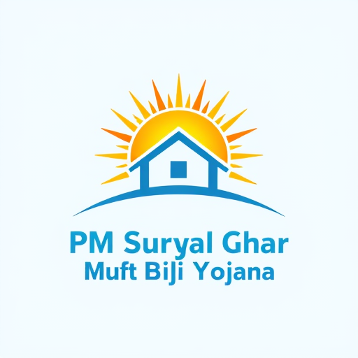 Professional logo design. Pictorial for a government scheme providing free electricity to households named "PM Surya Ghar Muft Bijli Yojana": A stylized sun with radiating lines representing electricity and a silhouette of a house, Warm and inviting gradient of orange and yellow for the sun, transitioning to a clean blue for the house and electricity lines, Sans-serif typeface with rounded edges for a friendly and accessible feel. Design with a focus on hope and empowerment, incorporating elements of sustainability and modern accessibility, a clean and modern illustration style with clear outlines and subtle shading, on a solid light blue background.