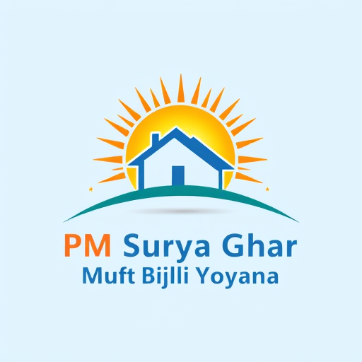 Professional logo design. Pictorial for a government scheme providing free electricity to households named "PM Surya Ghar Muft Bijli Yojana": A stylized sun with radiating lines representing electricity and a silhouette of a house, Warm and inviting gradient of orange and yellow for the sun, transitioning to a clean blue for the house and electricity lines, Sans-serif typeface with rounded edges for a friendly and accessible feel. Design with a focus on hope and empowerment, incorporating elements of sustainability and modern accessibility, a clean and modern illustration style with clear outlines and subtle shading, on a solid light blue background.