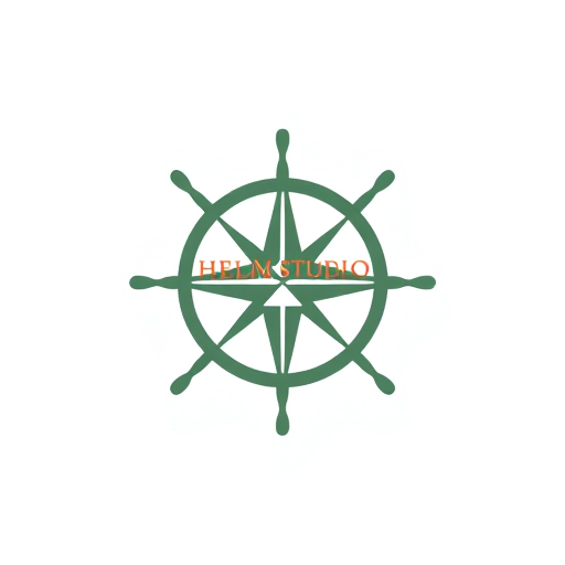 Professional logo design. Abstract logo for a modern furniture design studio named "Helm Studio": A clean, emblem representation of a helm or compass rose integrated with subtle furniture elements like lines or angles, or grid form symbolizing guidance and craftsmanship. Color palette: green, grays, white and a touch of warm wood tone. Typography: A lacre with good legibility. Design: Scandinavian and mid-century modern influence. Visual execution: Flat design with precise lines and balanced composition. Background: Transparent.