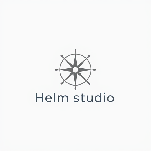 Professional logo design. Minimalist logo for a modern furniture design studio named "Helm Studio": A clean, emblem representation of a helm or compass rose integrated with subtle furniture elements like lines or angles, or grid form symbolizing guidance and craftsmanship. Color palette: Muted blues, grays, and a touch of warm wood tone. Typography: A sleek, sans-serif typeface with good legibility. Design: Scandinavian and mid-century modern influence. Visual execution: Flat design with precise lines and balanced composition. Background: Transparent.