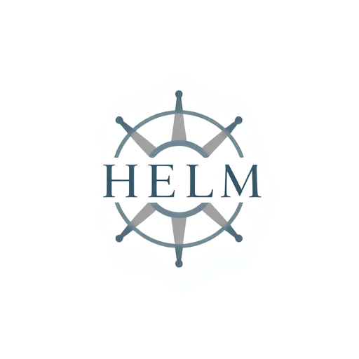 Professional logo design. Minimalist logo for a modern furniture design studio named "Helm Studio": A clean, emblem representation of a helm or compass rose integrated with subtle furniture elements like lines or angles, or grid form symbolizing guidance and craftsmanship. Color palette: Muted blues, grays, and a touch of warm wood tone. Typography: A sleek, sans-serif typeface with good legibility. Design: Scandinavian and mid-century modern influence. Visual execution: Flat design with precise lines and balanced composition. Background: Transparent.
