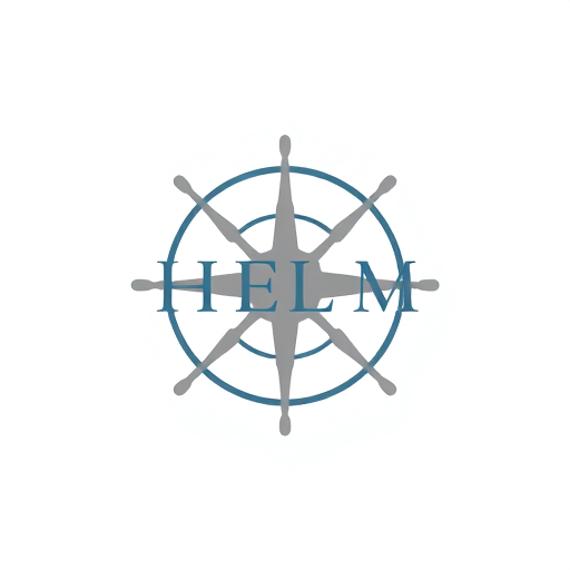 Professional logo design. Minimalist logo for a modern furniture design studio named "Helm Studio": A clean, geometric representation of a helm or compass rose integrated with subtle furniture elements like lines or angles, symbolizing guidance and craftsmanship. Color palette: Muted blues, grays, and a touch of warm wood tone. Typography: A sleek, sans-serif typeface with good legibility. Design: Scandinavian and mid-century modern influence. Visual execution: Flat design with precise lines and balanced composition. Background: Transparent.