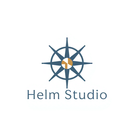 Professional logo design. Minimalist logo for a modern furniture design studio named "Helm Studio": A clean, geometric representation of a helm or compass rose integrated with subtle furniture elements like lines or angles, symbolizing guidance and craftsmanship. Color palette: Muted blues, grays, and a touch of warm wood tone. Typography: A sleek, sans-serif typeface with good legibility. Design: Scandinavian and mid-century modern influence. Visual execution: Flat design with precise lines and balanced composition. Background: Transparent.