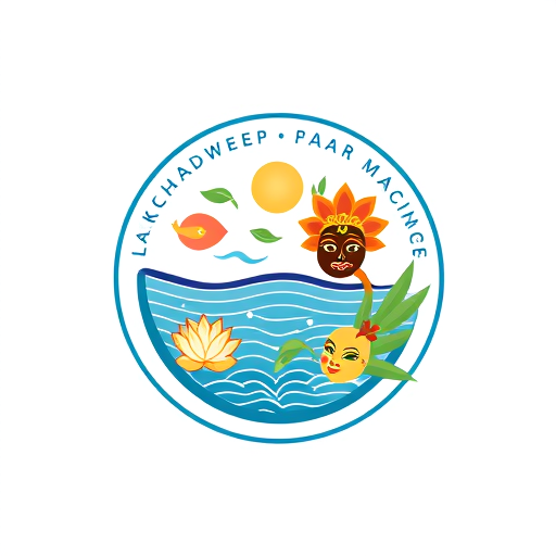 Professional logo design. Pictorial logo for AI training for Lakshadweep teachers by Kite, Kerala: A circular emblem blending Lakshadweep and Kerala cultural elements, symbolizing knowledge and connection. Incorporate stylized traditional Lakshadweep art (mat weaving patterns, shell craft) and iconic Kerala imagery (Kathakali masks, lotus flowers, coconut trees) subtly interwoven. Vibrant yet harmonious color palette of ocean blues and greens (Lakshadweep) with warm earthy tones and gold accents (Kerala). Clean, modern sans-serif typography, suggesting innovation and accessibility. Blend of contemporary graphic design with traditional folk art aesthetics, aiming for a professional and culturally relevant feel. Smooth lines, clear iconography, and a sense of depth within the circular form. Transparent background or a subtle gradient mirroring the ocean or sky.