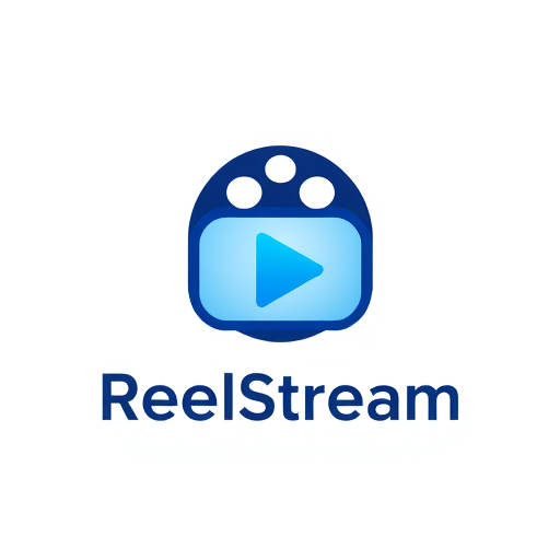 Professional logo design. Minimalist logo for a movie streaming app named "ReelStream": A stylized film reel seamlessly integrated with a play button, representing seamless movie playback. Color palette: Deep navy blue, vibrant electric blue, and a clean white accent. Typography: Modern, sans-serif, with slightly rounded edges for a friendly feel. Design with a focus on simplicity and recognition, inspired by sleek tech interfaces and iconic movie symbols. Visual execution: Clean lines, subtle gradients for depth on the play button, and a balanced composition. Background type: Transparent.