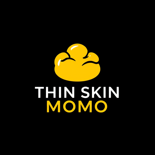 Professional logo design. a logo with a yellow colour dumpling in its first line , next to it "THIN SKIN" written to it, bellow line "MOMO" written. background is black and all the texts are in white