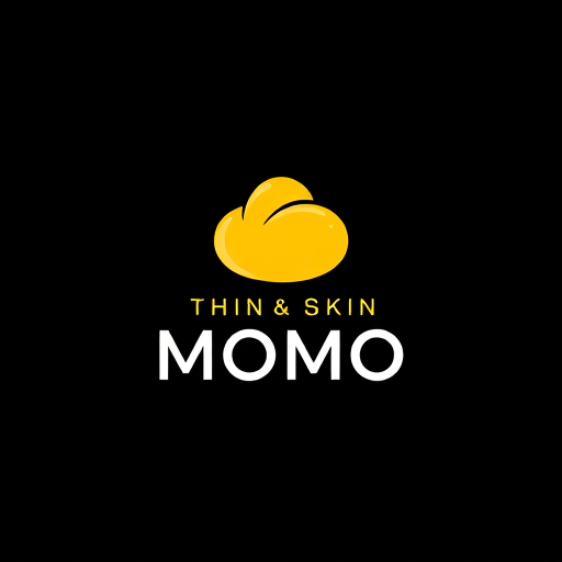 Professional logo design. a logo with a yellow colour dumpling in its first line , next to it "THIN SKIN" written to it, bellow line "MOMO" written. background is black and all the texts are in white