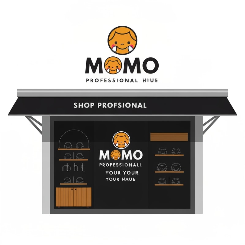 Professional logo design. design a shop front top banner , with shop mane "MOMO" with momo image in it.