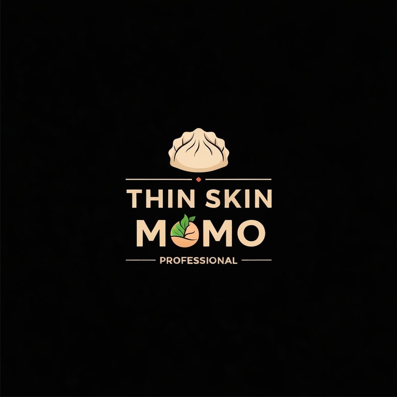 Professional logo design. design a momo shop logo with "THIN SKIN MOMO" written on it with dumpling image. with a black background