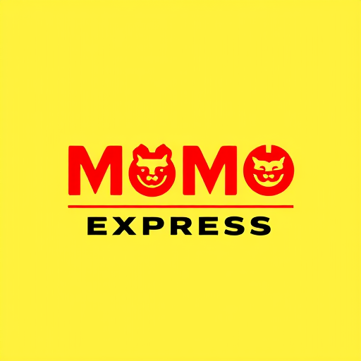 Professional logo design. make a logo with two lines, first line is written "MOMO", bellow it second line "EXPRESS". first line "MOMO" is Asian looking font and of red color, second line "EXPRESS" is also asian type font with Black color font. first Line "MOMO" has two MOMO designs in place of two "O"s. all are in yellow background.
